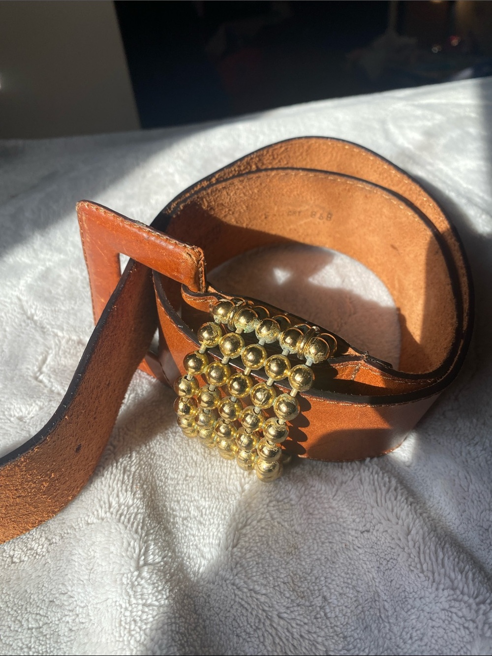 Vintage Alberto Pianetti Italy Brown Leather Belt Gold Beaded Buckle Boho